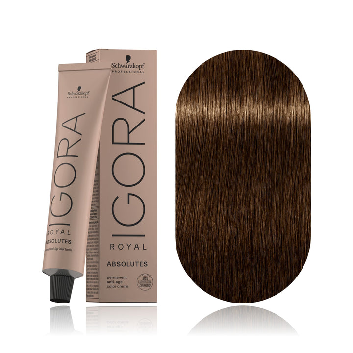 Schwarzkopf IGORA Royal Absolutes 6-60 Dark Blonde Chocolate Natural permanent hair color tube, box and hair swatch