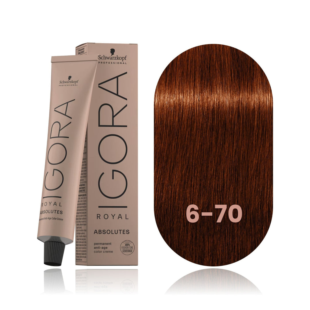 Schwarzkopf IGORA Royal Absolutes 6-70 Dark Blonde Copper Natural permanent hair color tube, box and hair swatch