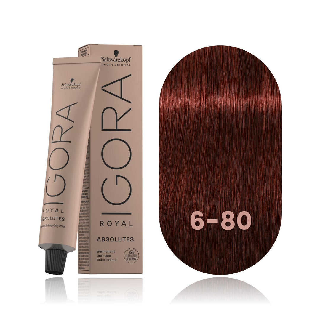 Schwarzkopf IGORA Royal Absolutes 6-80 Dark Blonde Red Natural permanent hair color tube, box and hair swatch