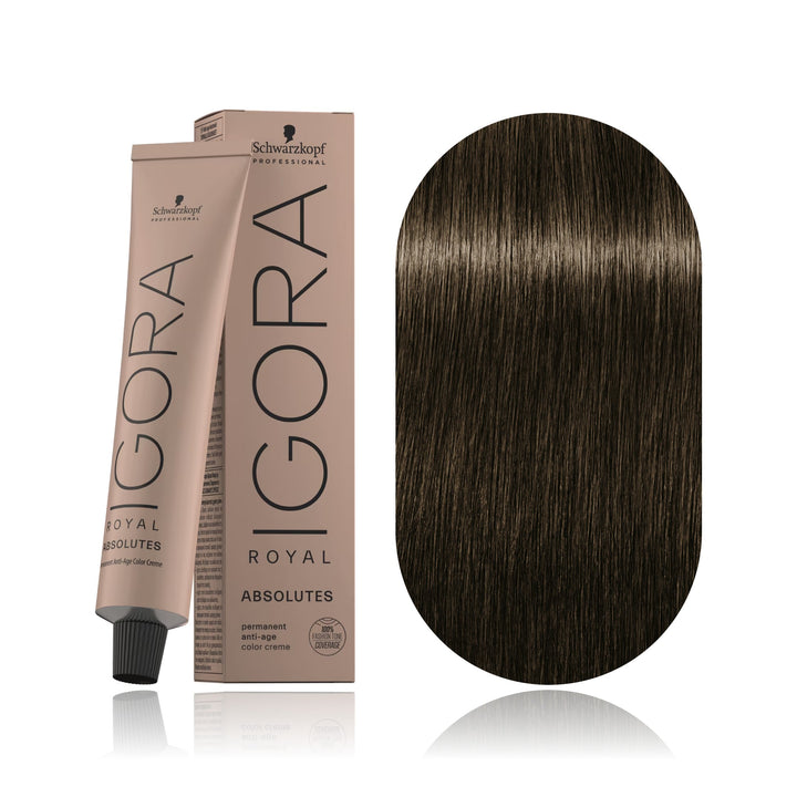 Schwarzkopf IGORA Royal Absolutes 7-10 Medium Blonde Cendré Natural permanent hair color tube, box and hair swatch