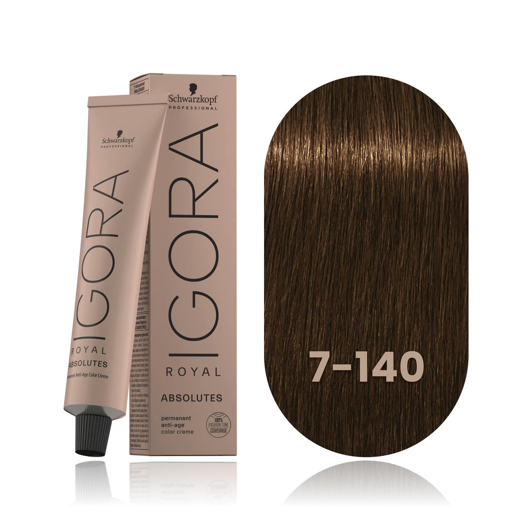 Schwarzkopf IGORA Royal Absolutes 7-140 Medium Blonde Cendré Beige Natural permanent hair color tube, box and hair swatch
