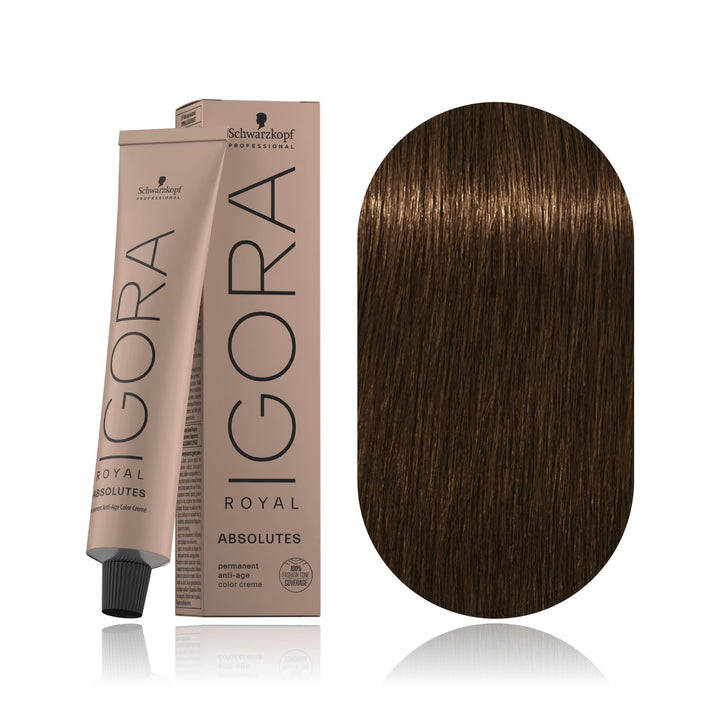 Schwarzkopf IGORA Royal Absolutes 7-140 Medium Blonde Cendré Beige Natural permanent hair color tube, box and hair swatch