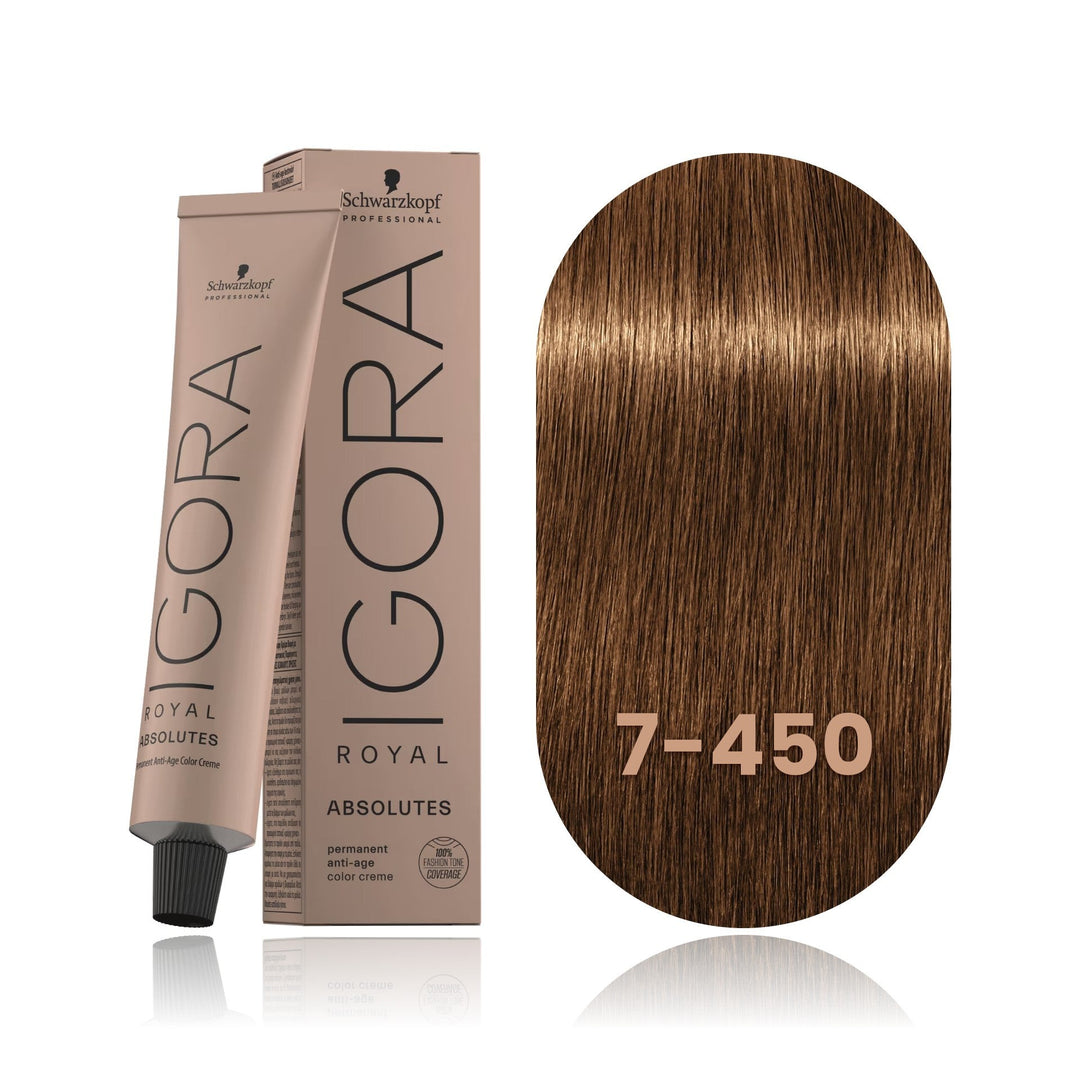 Schwarzkopf IGORA Royal Absolutes 7-450 Medium Blonde Beige Gold Natural permanent hair color tube, box and hair swatch