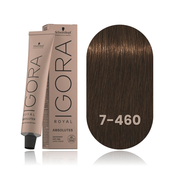 Schwarzkopf IGORA Royal Absolutes 7-460 Medium Blonde Beige Chocolate Natural permanent hair color tube, box and hair swatch