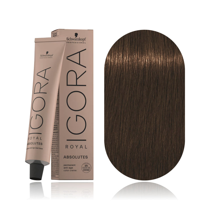Schwarzkopf IGORA Royal Absolutes 7-460 Medium Blonde Beige Chocolate Natural permanent hair color tube, box and hair swatch