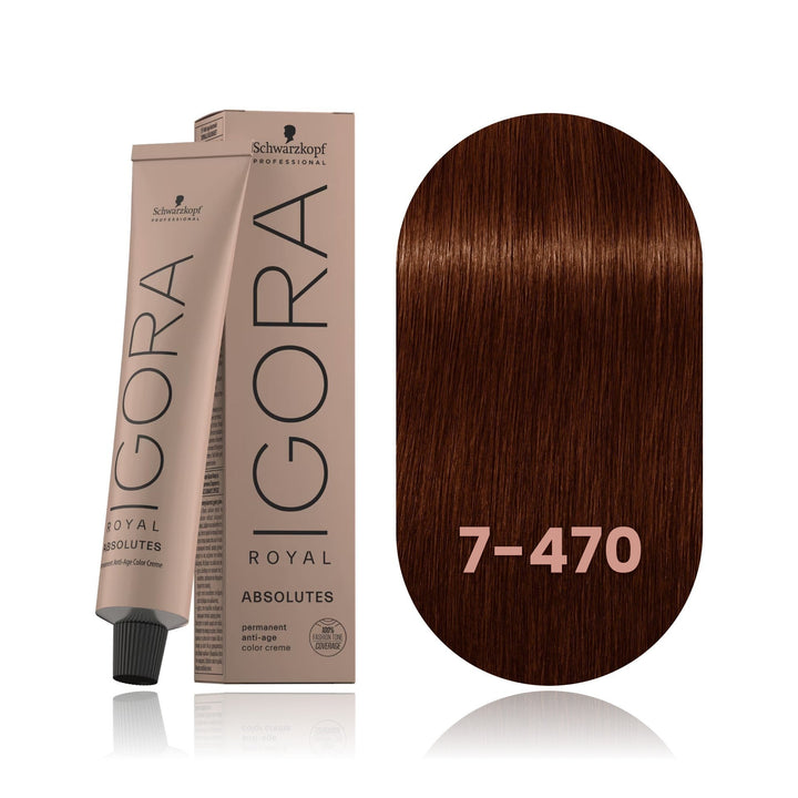 Schwarzkopf IGORA Royal Absolutes 7-470 Medium Blonde Beige Copper Natural permanent hair color tube, box and hair swatch