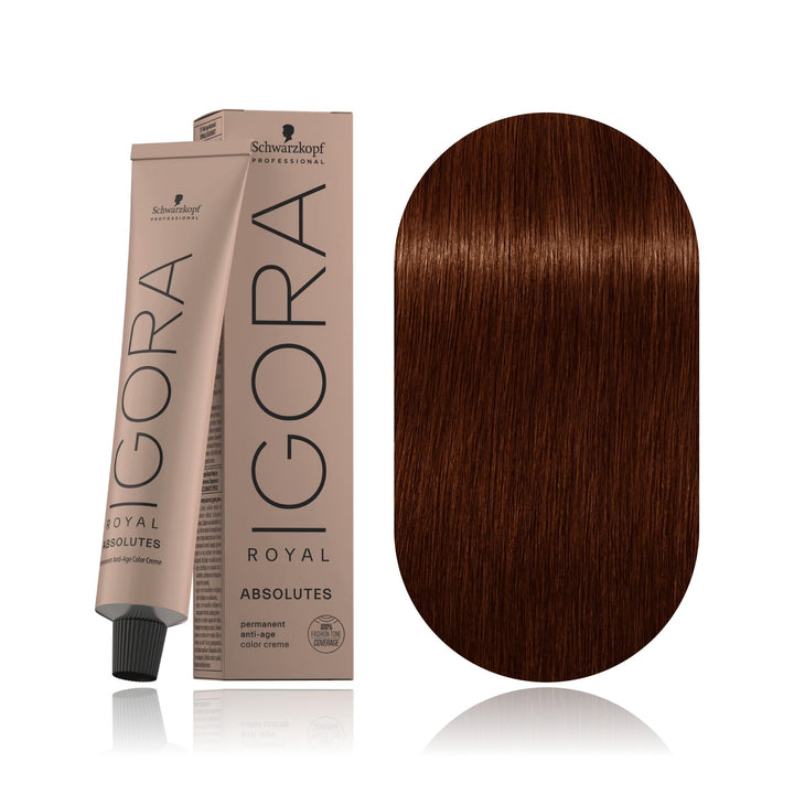 Schwarzkopf IGORA Royal Absolutes 7-470 Medium Blonde Beige Copper Natural permanent hair color tube, box and hair swatch