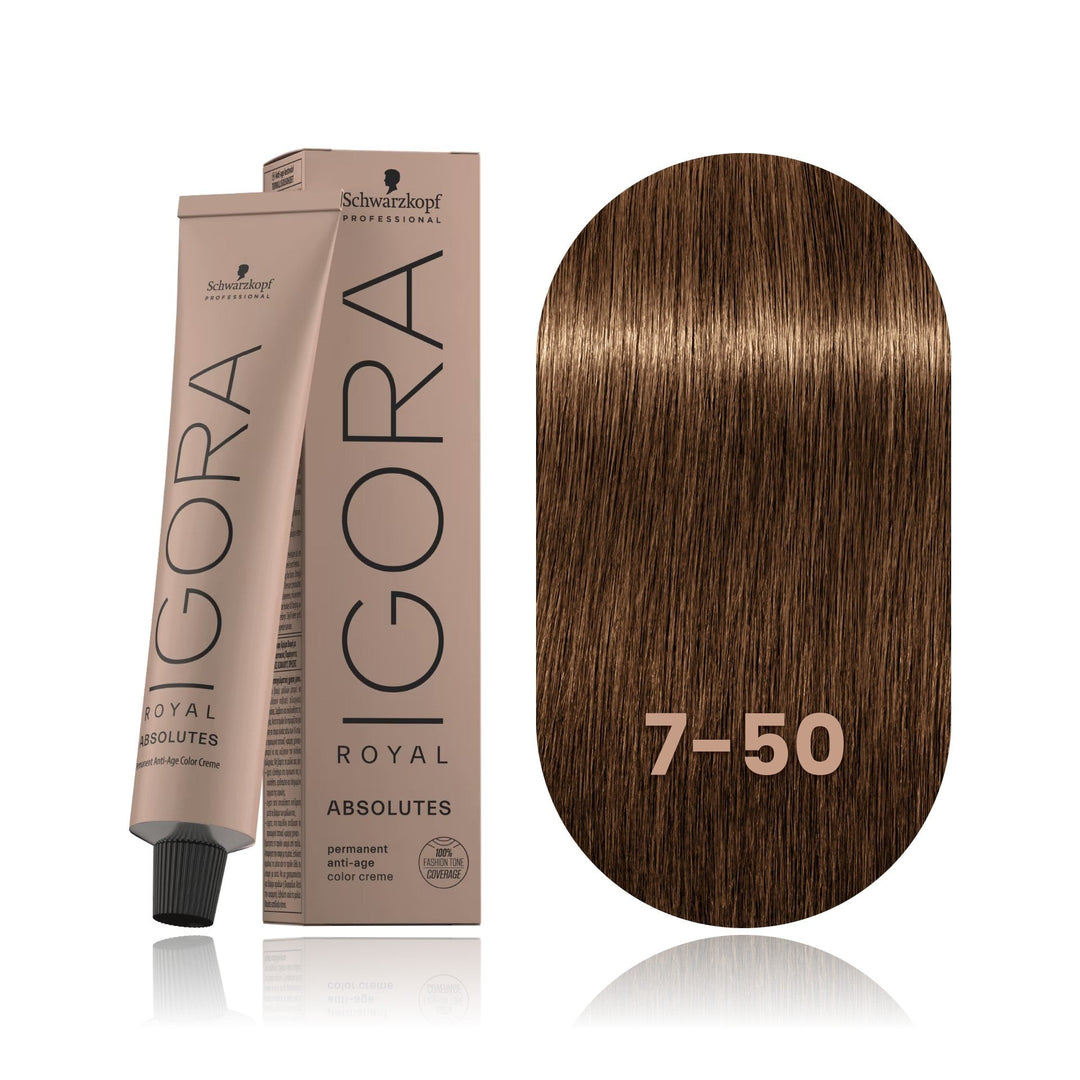 Schwarzkopf IGORA Royal Absolutes 7-50 Medium Blonde Gold Natural permanent hair color tube, box and hair swatch