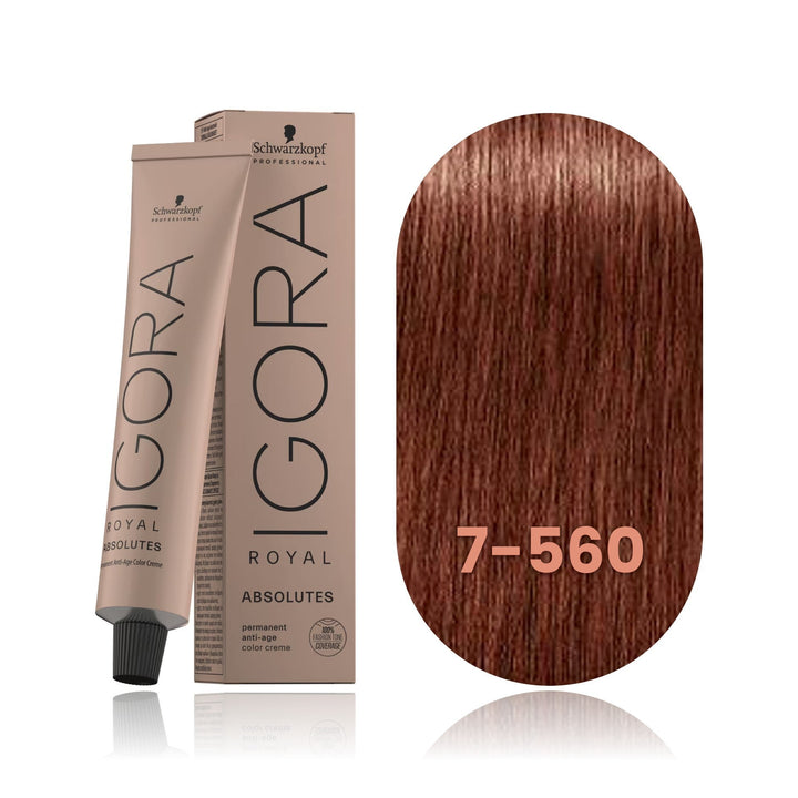 Schwarzkopf IGORA Royal Absolutes 7-560 Medium Blonde Gold Chocolate Natural permanent hair color tube, box and hair swatch