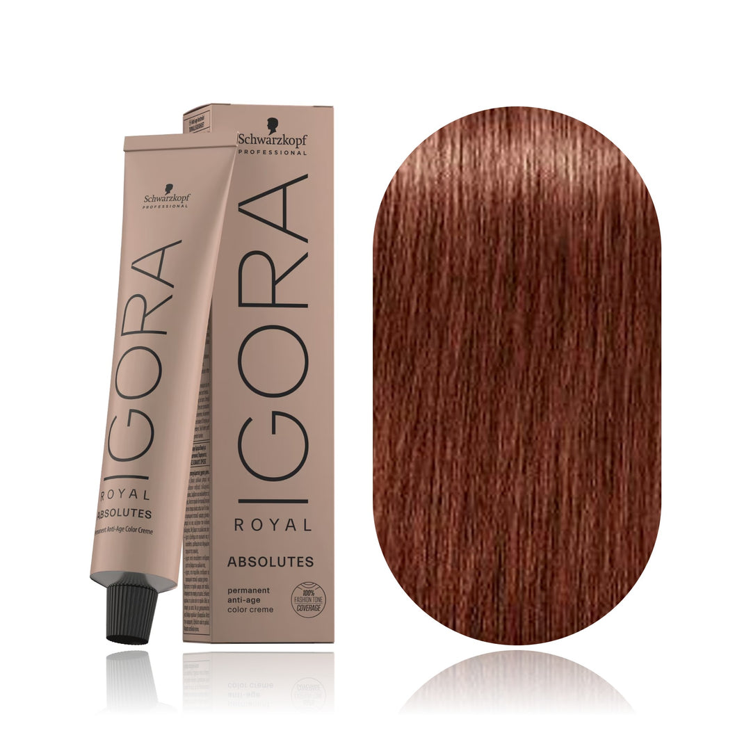 Schwarzkopf IGORA Royal Absolutes 7-560 Medium Blonde Gold Chocolate Natural permanent hair color tube, box and hair swatch
