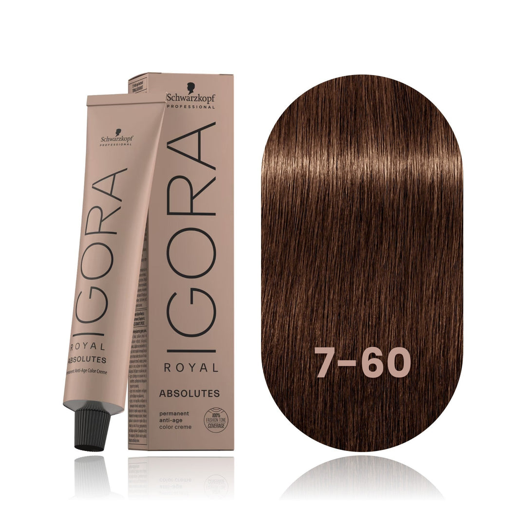 Schwarzkopf IGORA Royal Absolutes 7-60 Medium Blonde Chocolate Natural permanent hair color tube, box and hair swatch