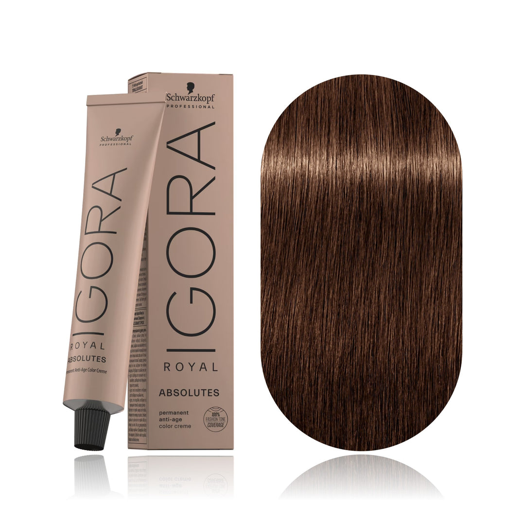 Schwarzkopf IGORA Royal Absolutes 7-60 Medium Blonde Chocolate Natural permanent hair color tube, box and hair swatch