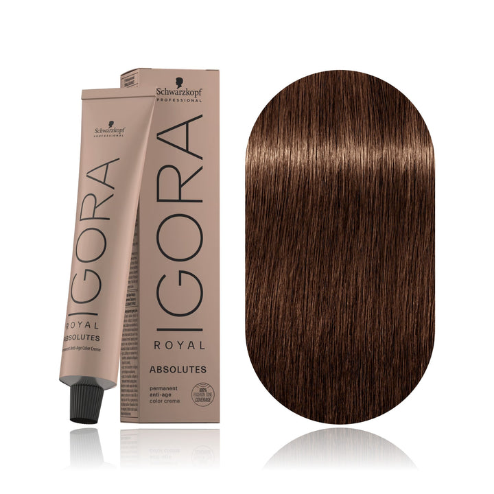 Schwarzkopf IGORA Royal Absolutes 7-60 Medium Blonde Chocolate Natural permanent hair color tube, box and hair swatch