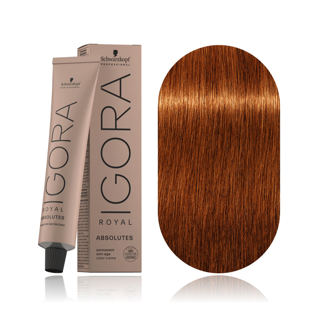 Schwarzkopf IGORA Royal Absolutes 7-70 Medium Blonde Copper Natural permanent hair color tube, box and hair swatch