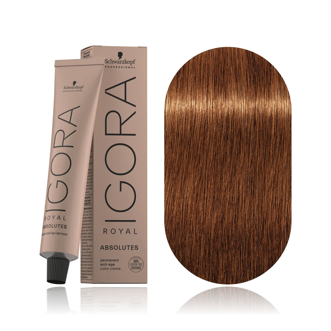 Schwarzkopf IGORA Royal Absolutes 7-710 Medium Blonde Copper Cendré Natural permanent hair color tube, box and hair swatch