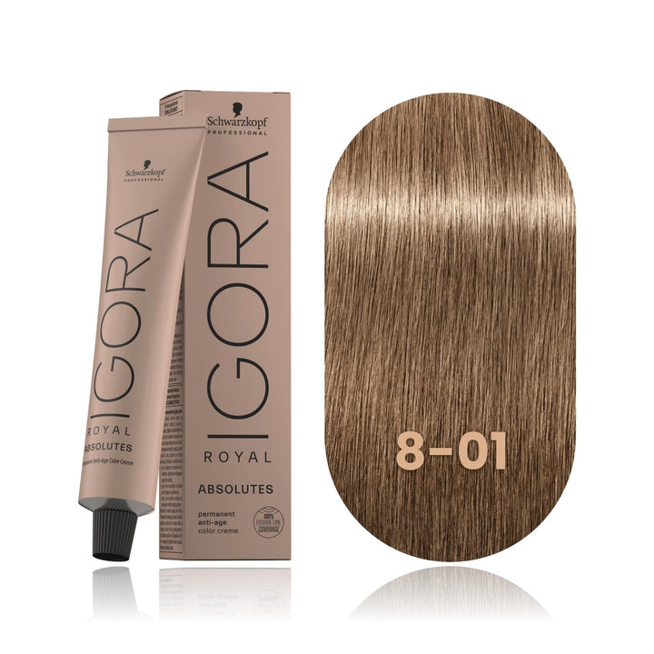 Schwarzkopf IGORA Royal Absolutes 8-01 Light Blonde Natural Cendré permanent hair color tube, box and hair swatch