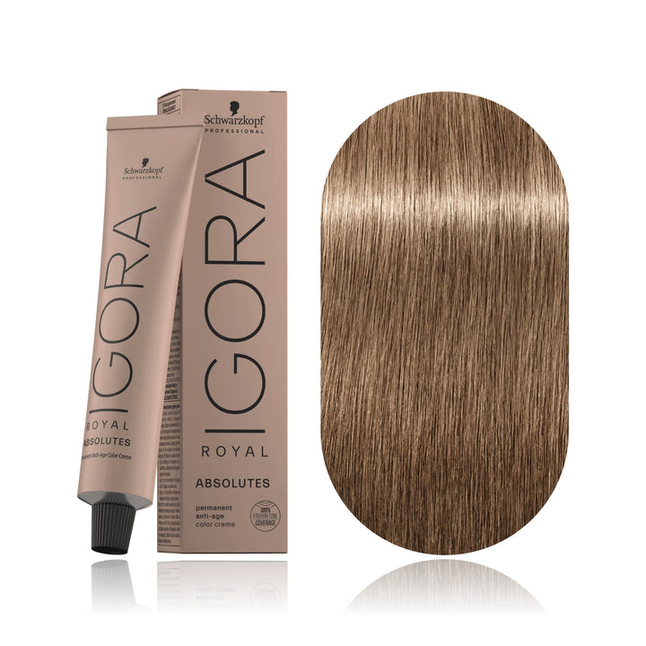 Schwarzkopf IGORA Royal Absolutes 8-01 Light Blonde Natural Cendré permanent hair color tube, box and hair swatch