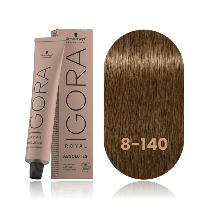 Schwarzkopf IGORA Royal Absolutes 8-140 Light Blonde Cendré Beige Natural permanent hair color tube, box and hair swatch