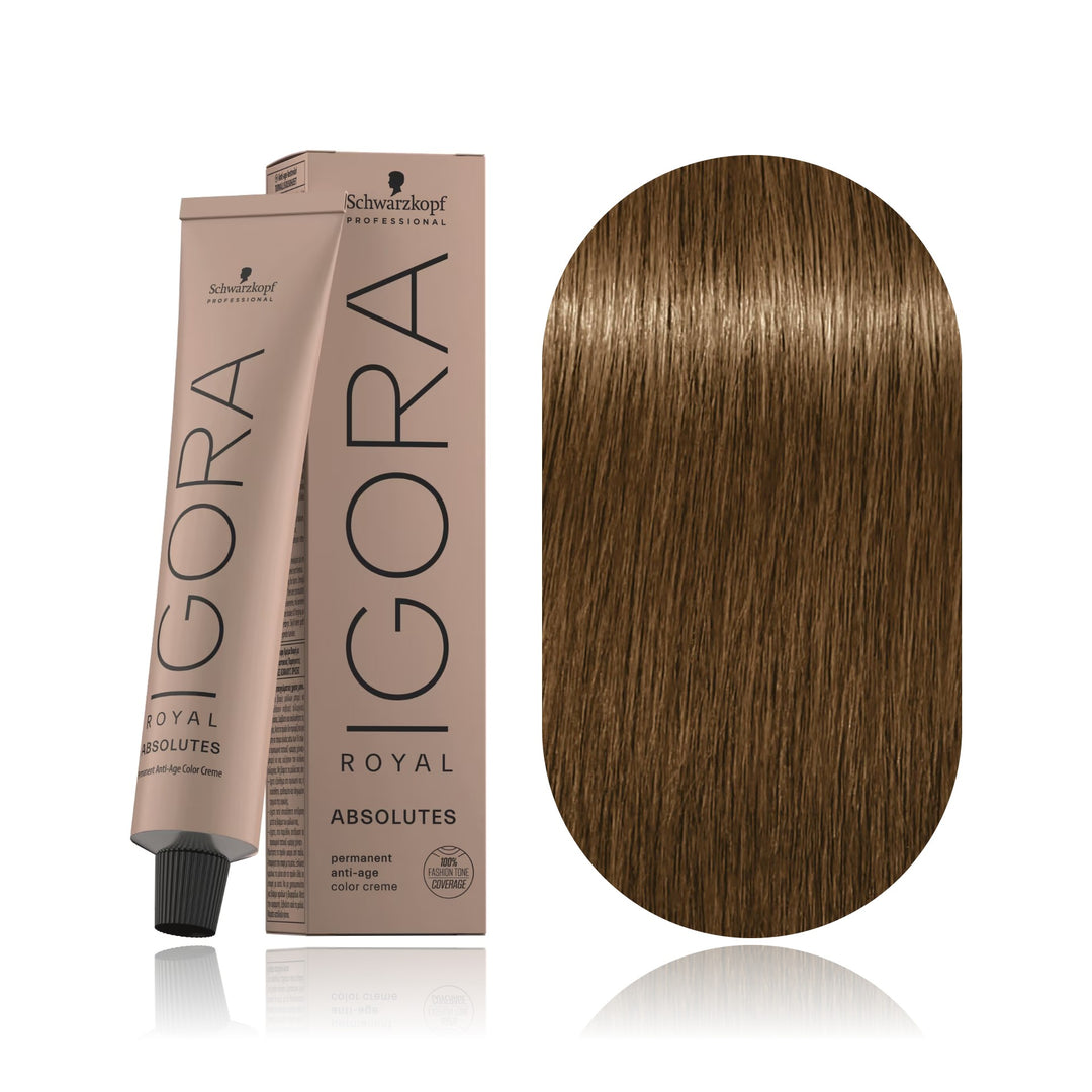 Schwarzkopf IGORA Royal Absolutes 8-140 Light Blonde Cendré Beige Natural permanent hair color tube, box and hair swatch