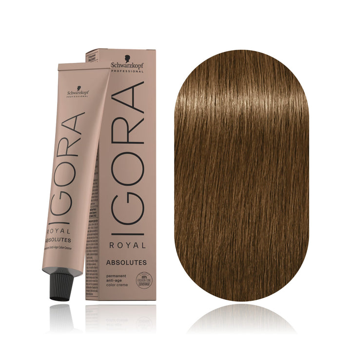 Schwarzkopf IGORA Royal Absolutes 8-140 Light Blonde Cendré Beige Natural permanent hair color tube, box and hair swatch