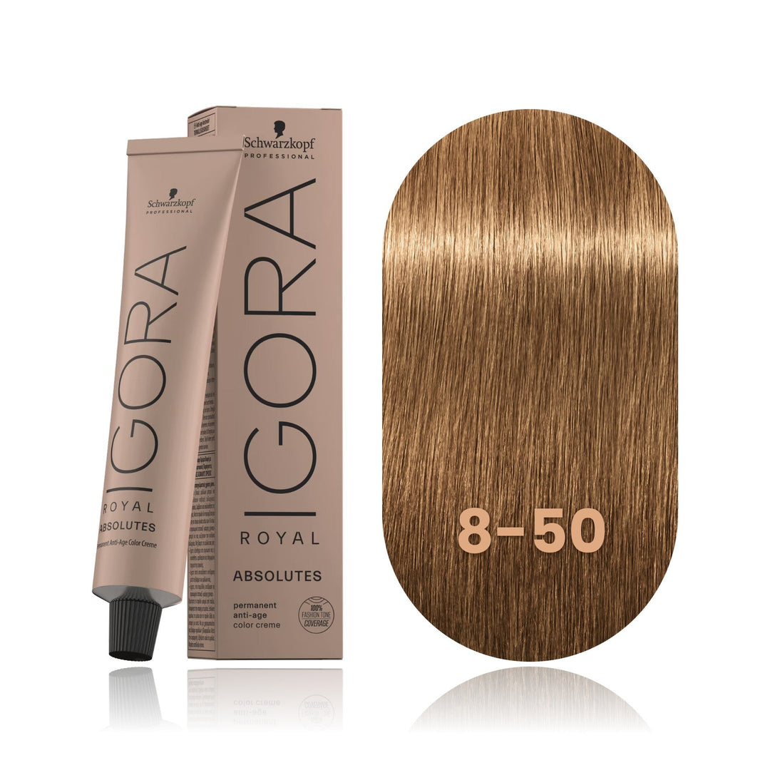 Schwarzkopf IGORA Royal Absolutes 8-50 Light Blonde Gold Natural permanent hair color tube, box and hair swatch