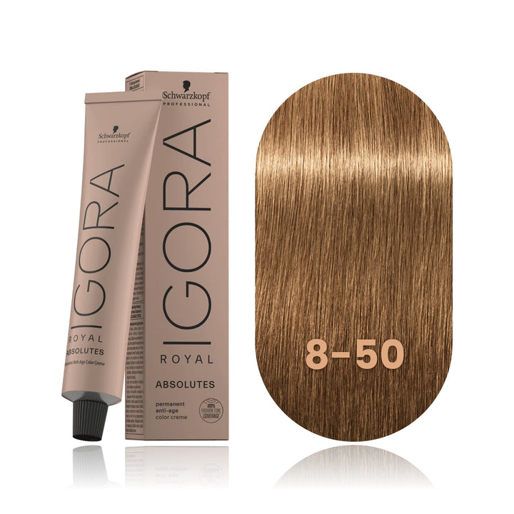 Schwarzkopf IGORA Royal Absolutes 8-50 Light Blonde Gold Natural permanent hair color tube, box and hair swatch