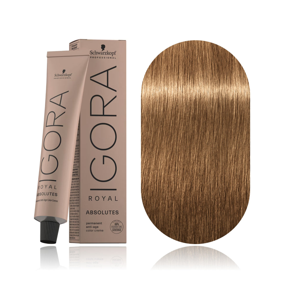 Schwarzkopf IGORA Royal Absolutes 8-50 Light Blonde Gold Natural permanent hair color tube, box and hair swatch