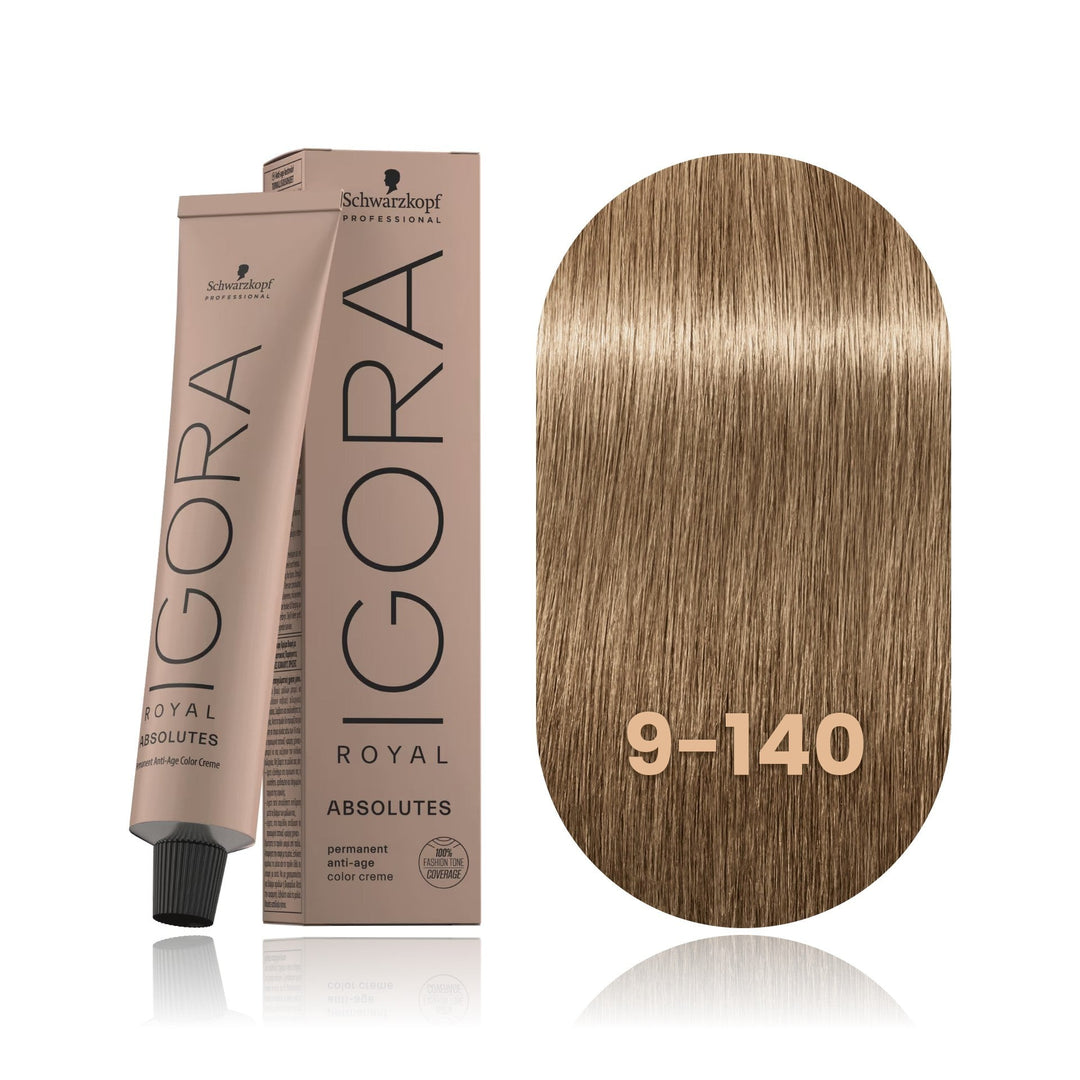 Schwarzkopf IGORA Royal Absolutes 9-140 Extra Light Blonde Cendré Beige Natural permanent hair color tube, box and hair swatch