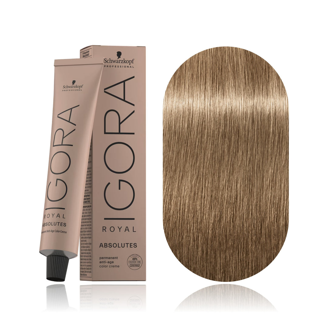 Schwarzkopf IGORA Royal Absolutes 9-140 Extra Light Blonde Cendré Beige Natural permanent hair color tube, box and hair swatch