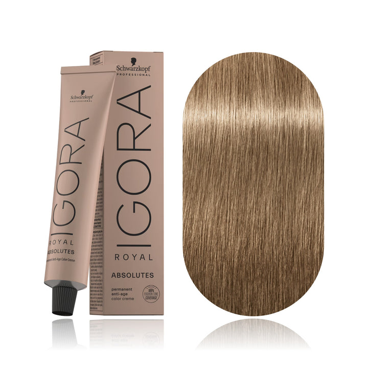 Schwarzkopf IGORA Royal Absolutes 9-140 Extra Light Blonde Cendré Beige Natural permanent hair color tube, box and hair swatch