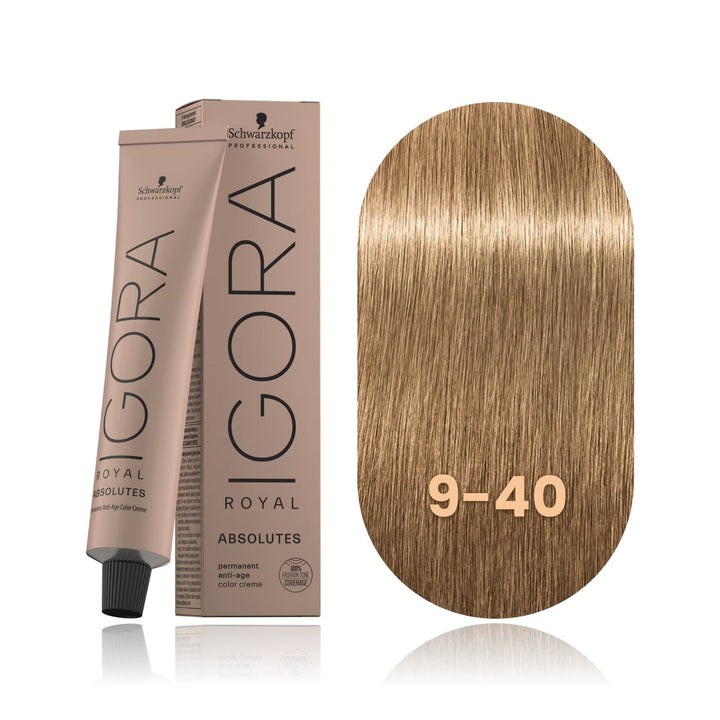 Schwarzkopf IGORA Royal Absolutes 9-40 Extra Light Blonde Beige Natural permanent hair color tube, box and hair swatch