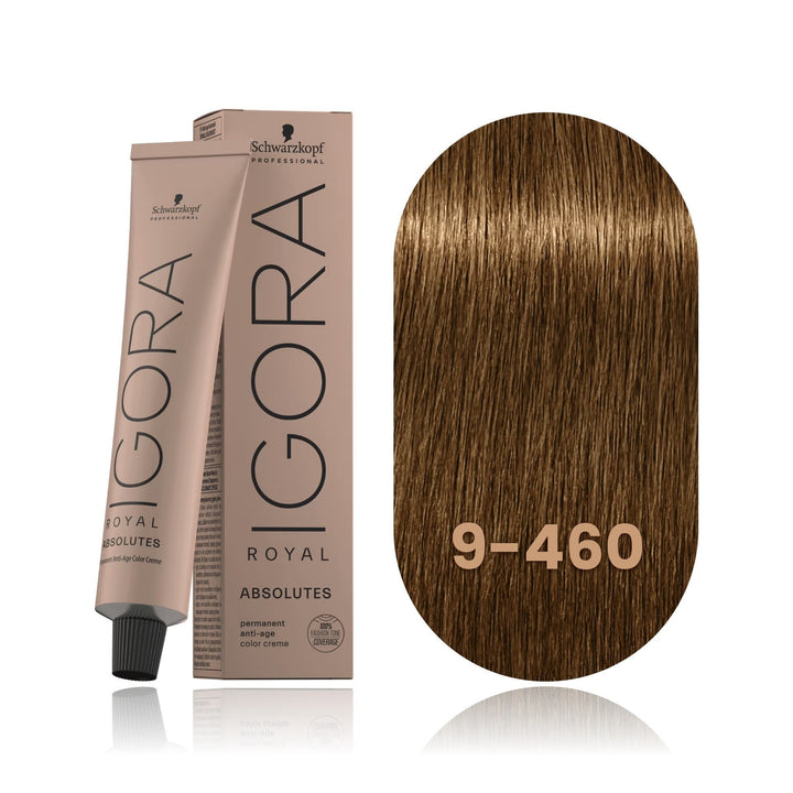 Schwarzkopf IGORA Royal Absolutes 9-460 Extra Light Blonde Beige Chocolate Natural permanent hair color tube, box and hair swatch