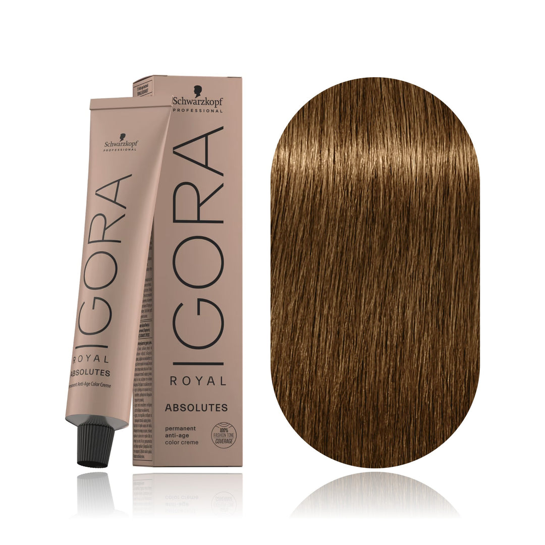 Schwarzkopf IGORA Royal Absolutes 9-460 Extra Light Blonde Beige Chocolate Natural permanent hair color tube, box and hair swatch