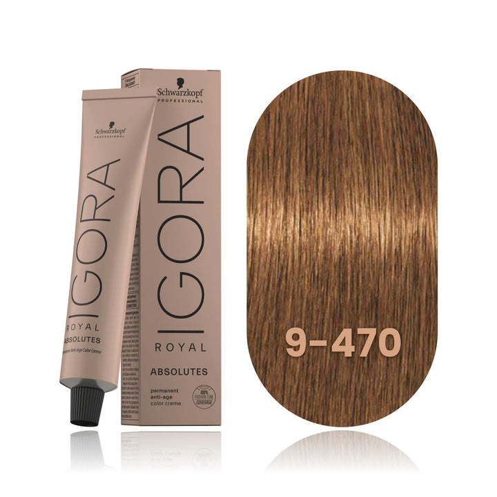 Schwarzkopf IGORA Royal Absolutes 9-470 Extra Light Blonde Beige Copper Natural permanent hair color tube, box and hair swatch