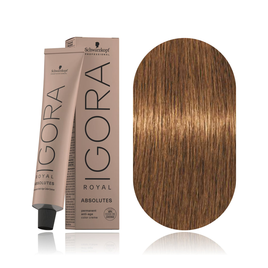 Schwarzkopf IGORA Royal Absolutes 9-470 Extra Light Blonde Beige Copper Natural permanent hair color tube, box and hair swatch