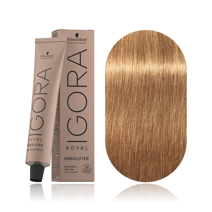 Schwarzkopf IGORA Royal Absolutes 9-50 Extra Light Blonde Gold Natural permanent hair color tube, box and hair swatch