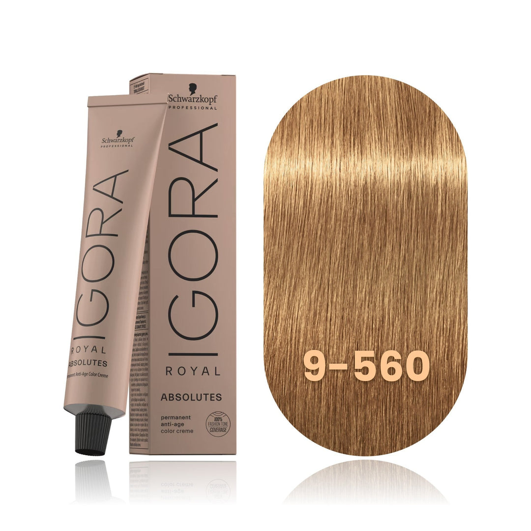 Schwarzkopf IGORA Royal Absolutes 9-560 Extra Light Blonde Gold Chocolate Natural permanent hair color tube, box and hair swatch
