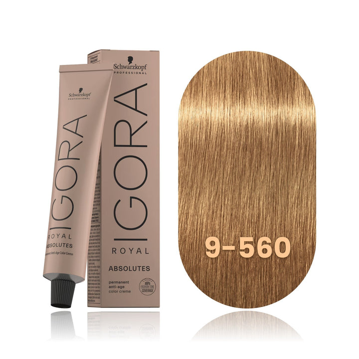 Schwarzkopf IGORA Royal Absolutes 9-560 Extra Light Blonde Gold Chocolate Natural permanent hair color tube, box and hair swatch