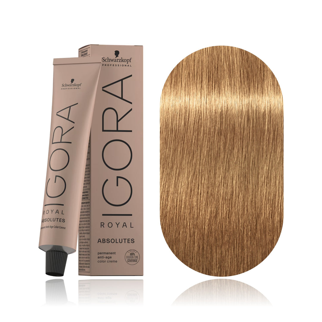 Schwarzkopf IGORA Royal Absolutes 9-560 Extra Light Blonde Gold Chocolate Natural permanent hair color tube, box and hair swatch