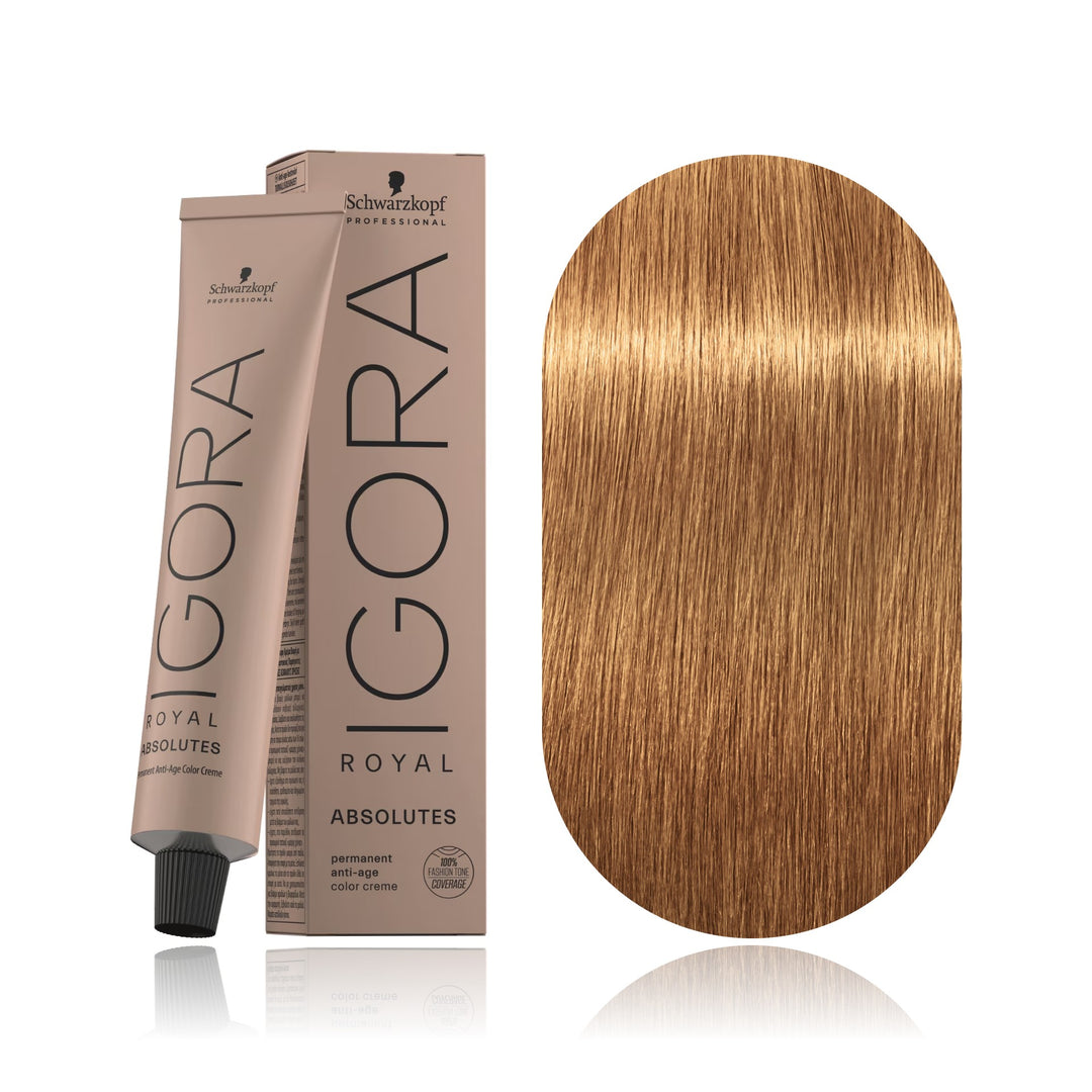 Schwarzkopf IGORA Royal Absolutes 9-60 Extra Light Blonde Chocolate Natural permanent hair color tube, box and hair swatch