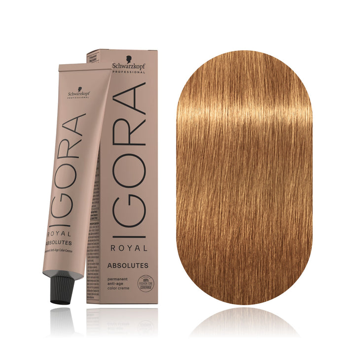 Schwarzkopf IGORA Royal Absolutes 9-60 Extra Light Blonde Chocolate Natural permanent hair color tube, box and hair swatch