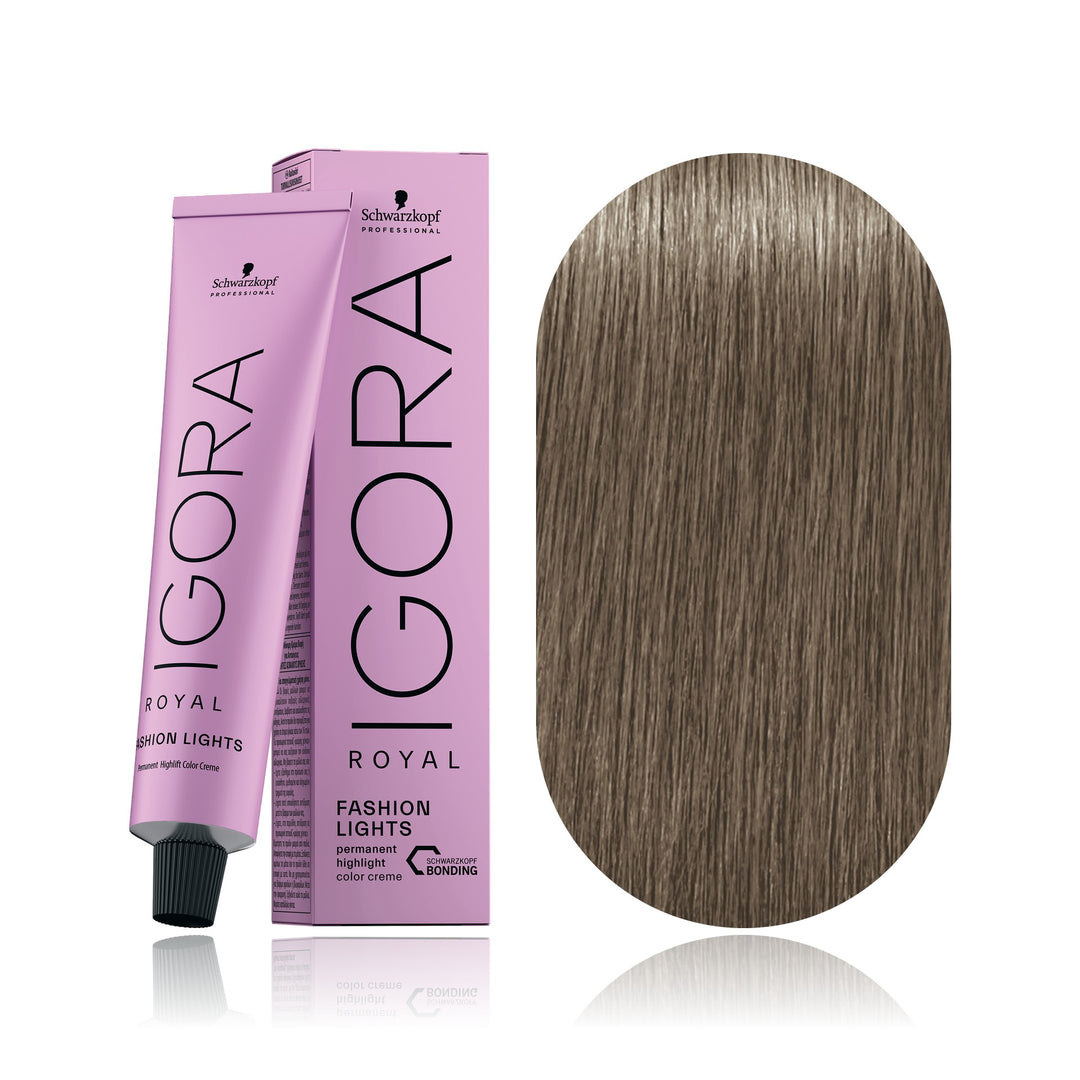 Schwarzkopf IGORA Royal Fashion Lights L-24 Ash Beige permanent highlift hair color tube, box and hair swatch