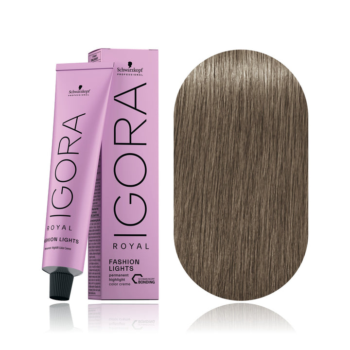 Schwarzkopf IGORA Royal Fashion Lights L-24 Ash Beige permanent highlift hair color tube, box and hair swatch