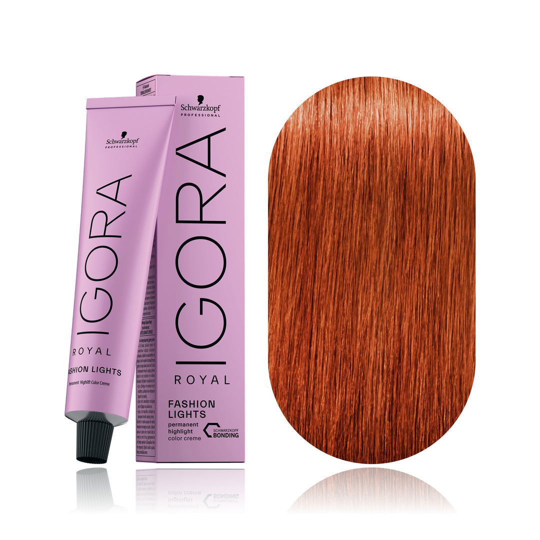 Schwarzkopf IGORA Royal Fashion Lights L-77 Copper Extra permanent highlift hair color tube, box and hair swatch