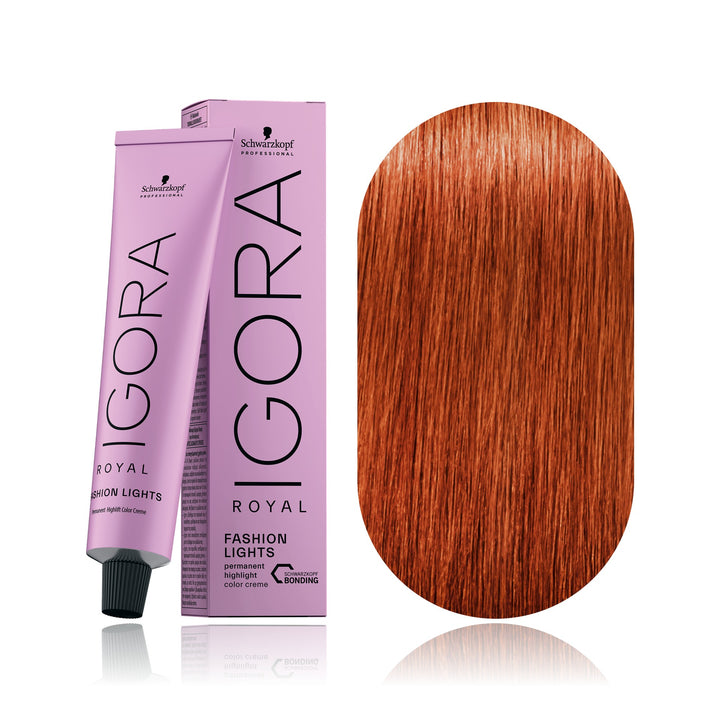 Schwarzkopf IGORA Royal Fashion Lights L-77 Copper Extra permanent highlift hair color tube, box and hair swatch