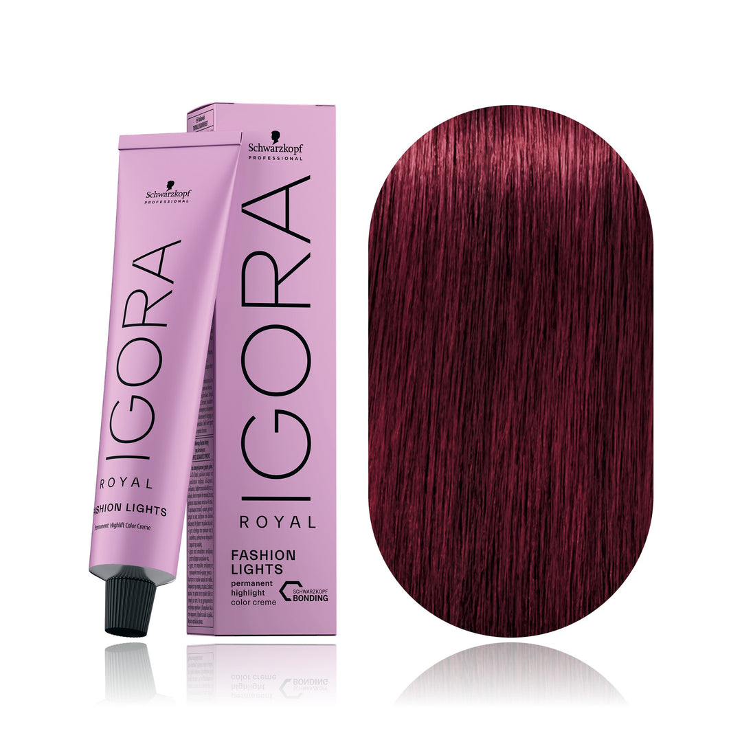 Schwarzkopf IGORA Royal Fashion Lights L-89 Red Violet permanent highlift hair color tube, box and hair swatch