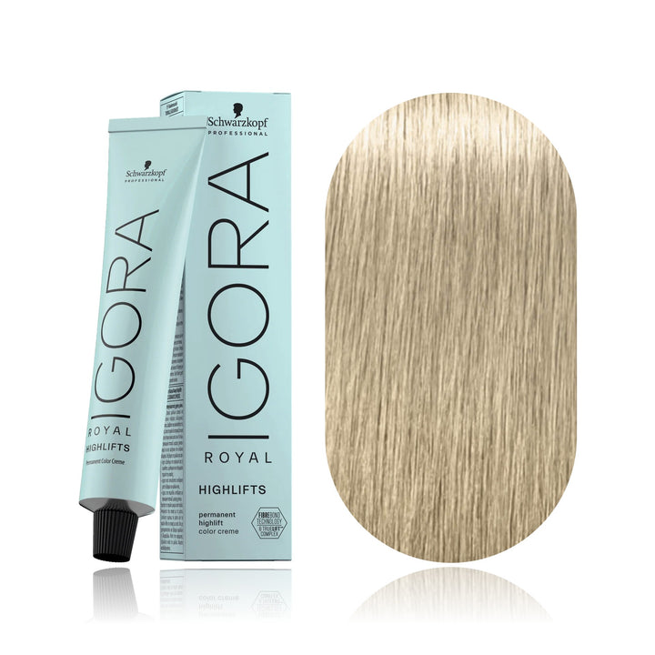 Schwarzkopf IGORA Royal Highlifts 10-1 Ultra Blonde Cendré permanent hair color tube, box and hair swatch