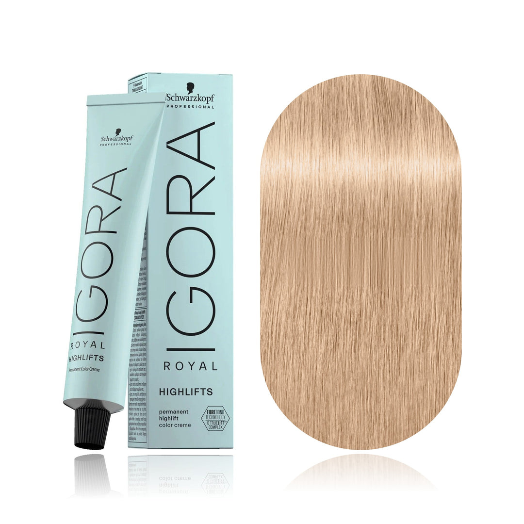 Schwarzkopf IGORA Royal Highlifts 10-19 Ultra Blonde Cendré Violet permanent hair color tube, box and hair swatch