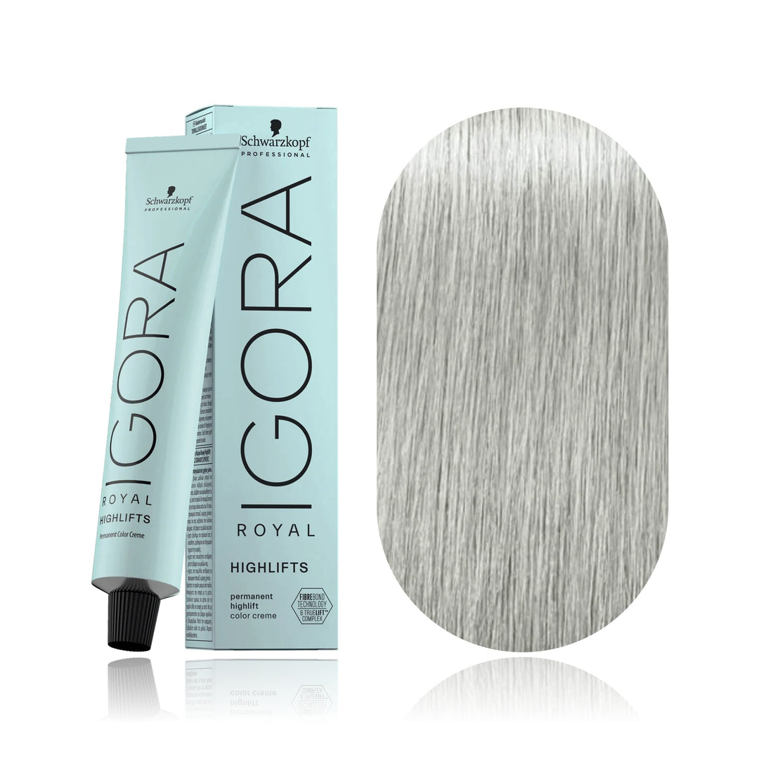 Schwarzkopf IGORA Royal Highlifts 10-21 Ultra Blonde Ash Cendré permanent hair color tube, box and hair swatch