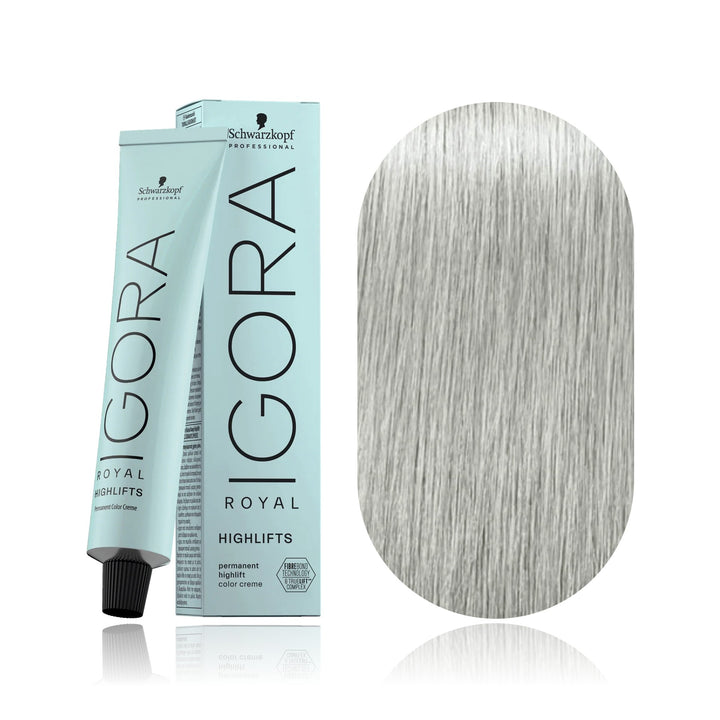 Schwarzkopf IGORA Royal Highlifts 10-21 Ultra Blonde Ash Cendré permanent hair color tube, box and hair swatch